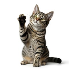 Cute tabby kitten with paw raised isolated on white background