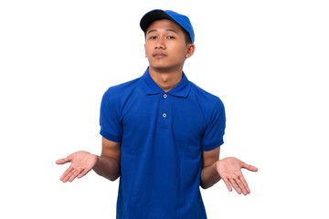 Confused delivery man shrugging shoulders clueless dont know isolated on white background