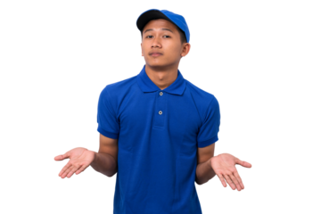 Confused delivery man shrugging shoulders clueless dont know isolated on white background