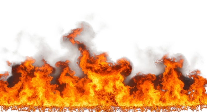 A dynamic display of bright orange and red flames with wisps of smoke, isolated on a transparent background