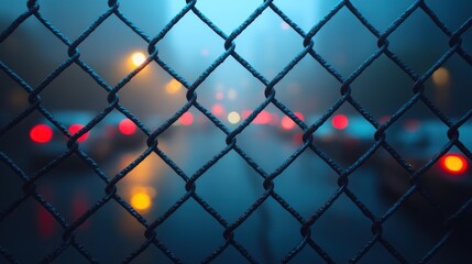 Fototapeta premium City street at night, seen through a chain-link fence