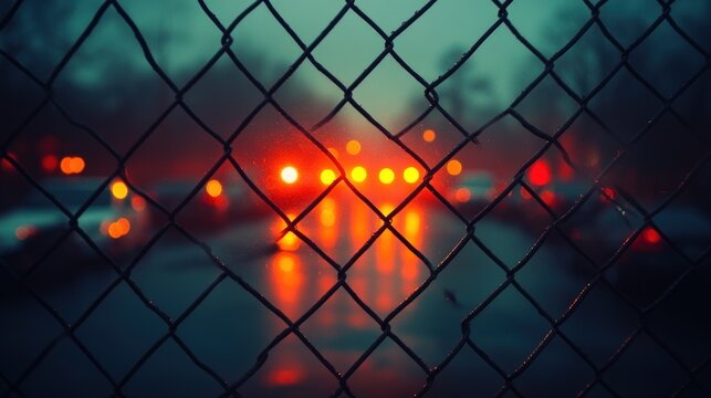 Foggy city street through chain link fence