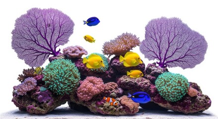 Colorful tropical fish swim around a vibrant coral reef isolated on white background