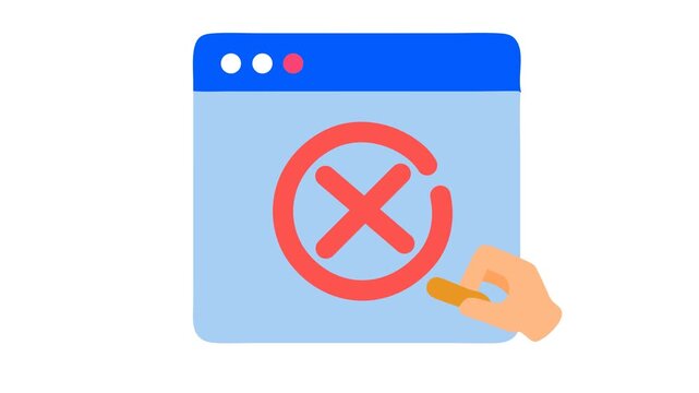 Web based error message notification icon in cartoon animation. Online problem found and rejection symbol. Digital failure interface and browser task deletion sign. Alpha channel.
