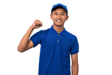 Happy young asian delivery man doing winner gesture with arms raised. Celebration concept