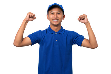 Happy young asian delivery man doing winner gesture with arms raised. Celebration concept