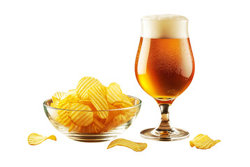 Glass of Beer with Chips, isolated on transparent background, showing refreshing drink, snack for party, leisure. Beer and Snacks concept. PNG, Cut out