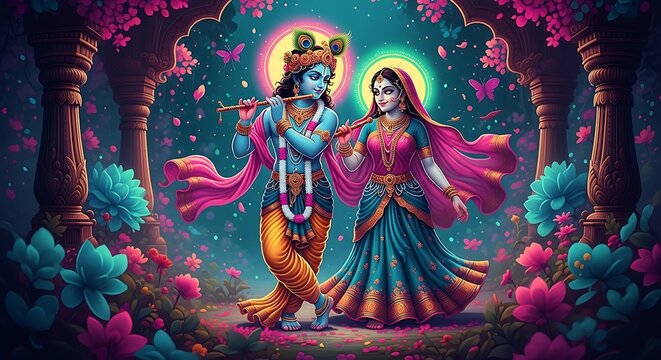 Krishna and Radha play flutes in a vibrant, colorful, and artistic rendition set amidst a beautiful, floral landscape