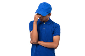 sad disapointed delivery man with his palms on head