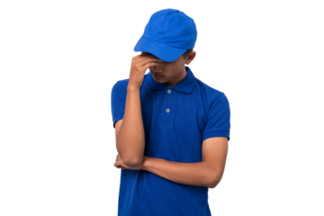 sad disapointed delivery man with his palms on head