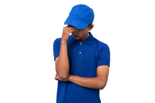 sad disapointed delivery man with his palms on head