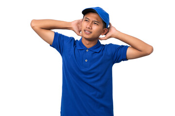 sad disapointed delivery man with his palms on head