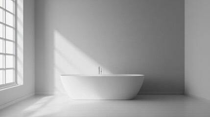 Minimalist white bathroom interior with freestanding bathtub and large window.
