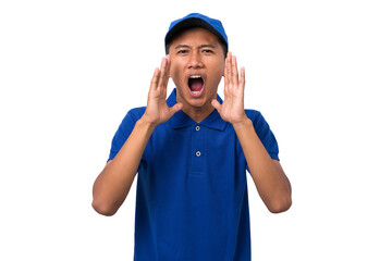 Young asian delivery man wearing blue uniform screaming shouting