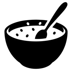Oatmeal porridge in black bowl with spoon food vector icon on white background.