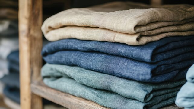 Stacked Linen Fabrics in Earthy Tones on Rustic Wooden Shelf, Close-Up