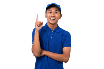 Asian delivery man wearing blue uniform think and get ideas expression isolated on white background