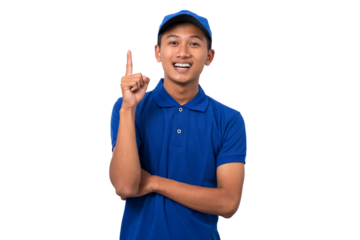 Asian delivery man wearing blue uniform think and get ideas expression isolated on white background