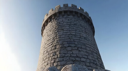 Ancient stone tower against a clear sky.  Towering structure of  gray stone,  with crenelated  top.  Detailed  stonework and a base of irregular rocks