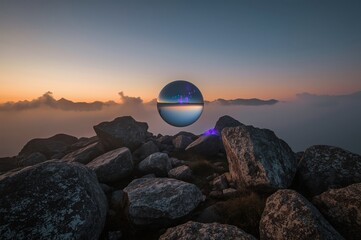 Crystal ball reflecting sunset sky on rocky beach shore with dramatic twilight clouds and mystical atmosphere for spiritual meditation concept
