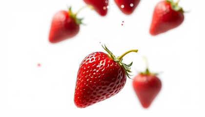 A juicy strawberry falls, mid-air, isolated against a pure white background; shallow depth of field highlights the berry's texture,  background,  organic