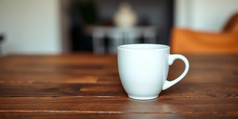 A pristine white coffee cup sits on a rustic wooden table against a soft, blurred background,  still life,  blurred