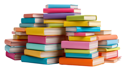 Pile of colorful books stacked randomly, isolated on a white background.