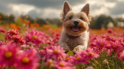 Playful dog in a vibrant flower field