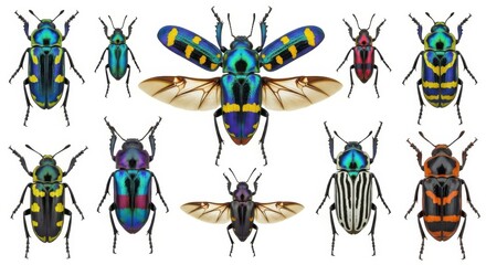 A diverse collection of colorful beetles isolated on white background