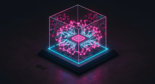 Microchip core encased in a glowing neon data cube represents the future of artificial intelligence and advanced digital network processing.