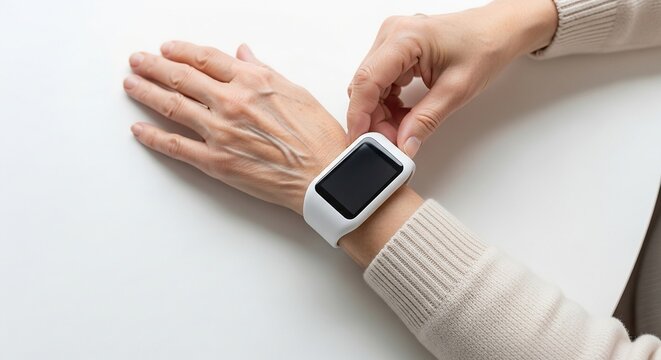 Senior person adjusting modern white smartwatch on wrist for health and fitness tracking