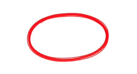 A simple red oval shape is handdrawn and isolated on a plain transparent background, perfect for highlighting