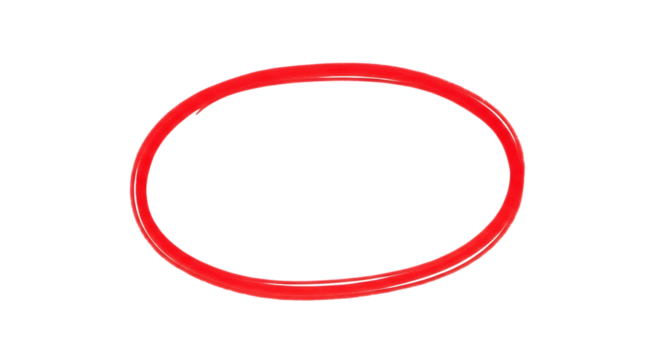 A simple red oval shape is handdrawn and isolated on a plain transparent background, perfect for highlighting