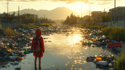 Pollution-stricken waterway, lone figure