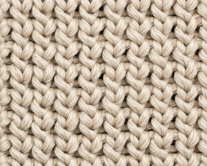 A tight macro shot of a simple, chunky knit fabric in a creamy off-white color, showing the texture of the yarn
