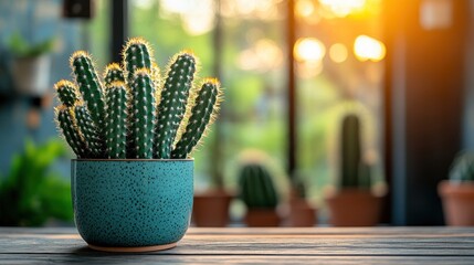 Potted cactus in teal ceramic pot