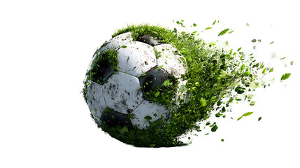 Soccer ball with grass fragments in motion, isolated on a white background.