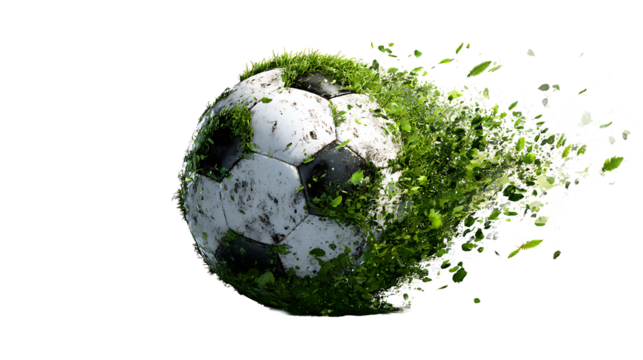 Soccer ball with grass fragments in motion, isolated on a white background.