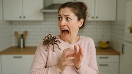 Shocked Woman Reacting to Tarantula Crawling on Her Shoulder in Modern Kitchen. Comedic and Dramatic Home Phobia Moment