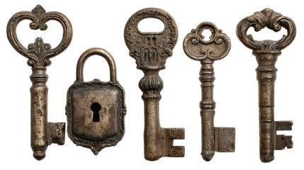 Vintage keys and lock combination, isolated on a white background