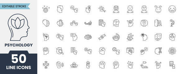 Psychology outline icon set. Containing counseling, worrying, illness, anxiety, therapy, attention and more. Vector illustration