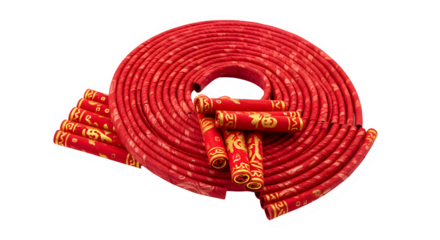 Red firecrackers arranged in a spiral on white background  