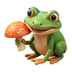 Obraz premium Cute cartoon frog holding a red and white spotted mushroom isolated on transparent background