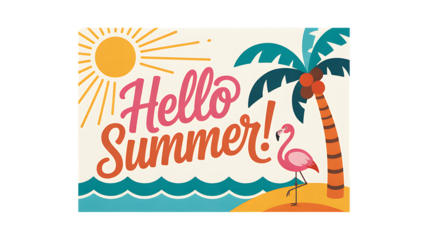 A colorful and vibrant Hello Summer! design featuring the sun, palm trees, ocean waves, and a flamingo on a sandy beach