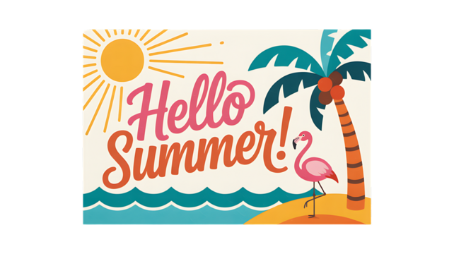 A colorful and vibrant Hello Summer! design featuring the sun, palm trees, ocean waves, and a flamingo on a sandy beach