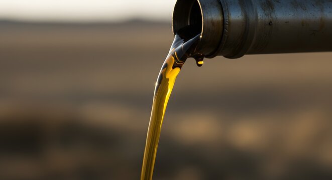 Lubricant oil pours from a metallic industrial nozzle into an unseen container, highlighting efficient fluid management in modern mechanical operations.