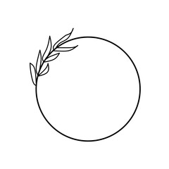 Minimalist circle frame with simple leafy accent. Clean botanical line art, perfect for logos, invitations, labels, and nature-themed designs.
