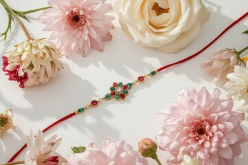Ornate Indian rakhi wristband with intricate beadwork and flower design for Raksha Bandhan religious festival cultural tradition celebration

