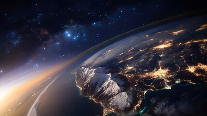 Planet Earth from space featuring city lights and atmosphere