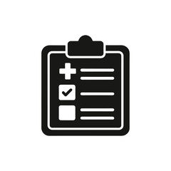 Black medical clipboard icon with checkmark and list isolated on white background